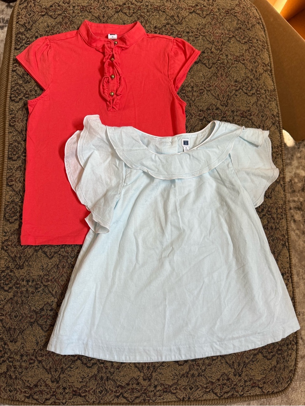 Janie and Jack Coral Ruffle-Button Tee and Pale Blue Ruffled Neck Top